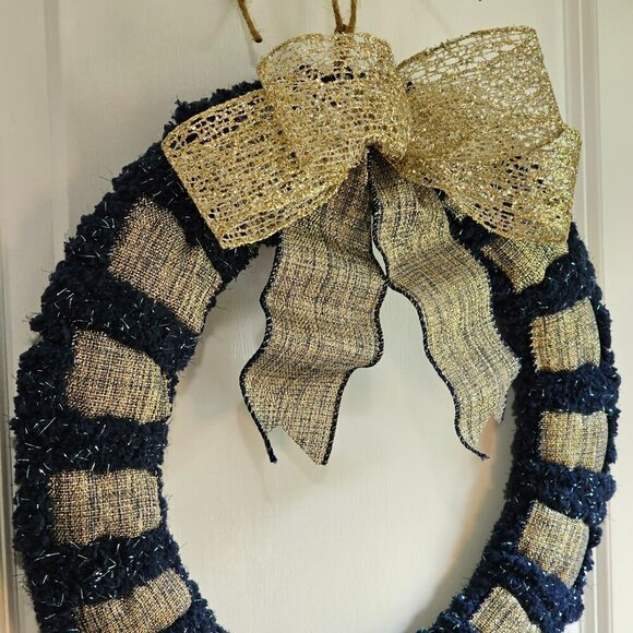 Metallic Accent Gold and Blue Yarn Wreath - Picture 4 of 5